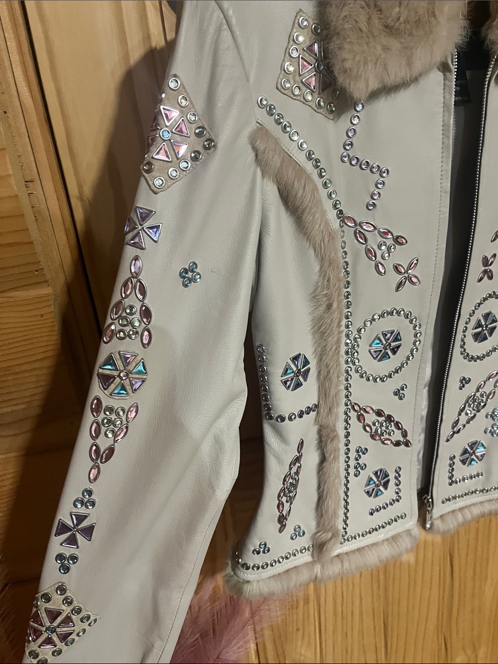 Cripple Creek Jewel Embellished Cream Fur-Trim Leather Jacket - Picture 4 of 10